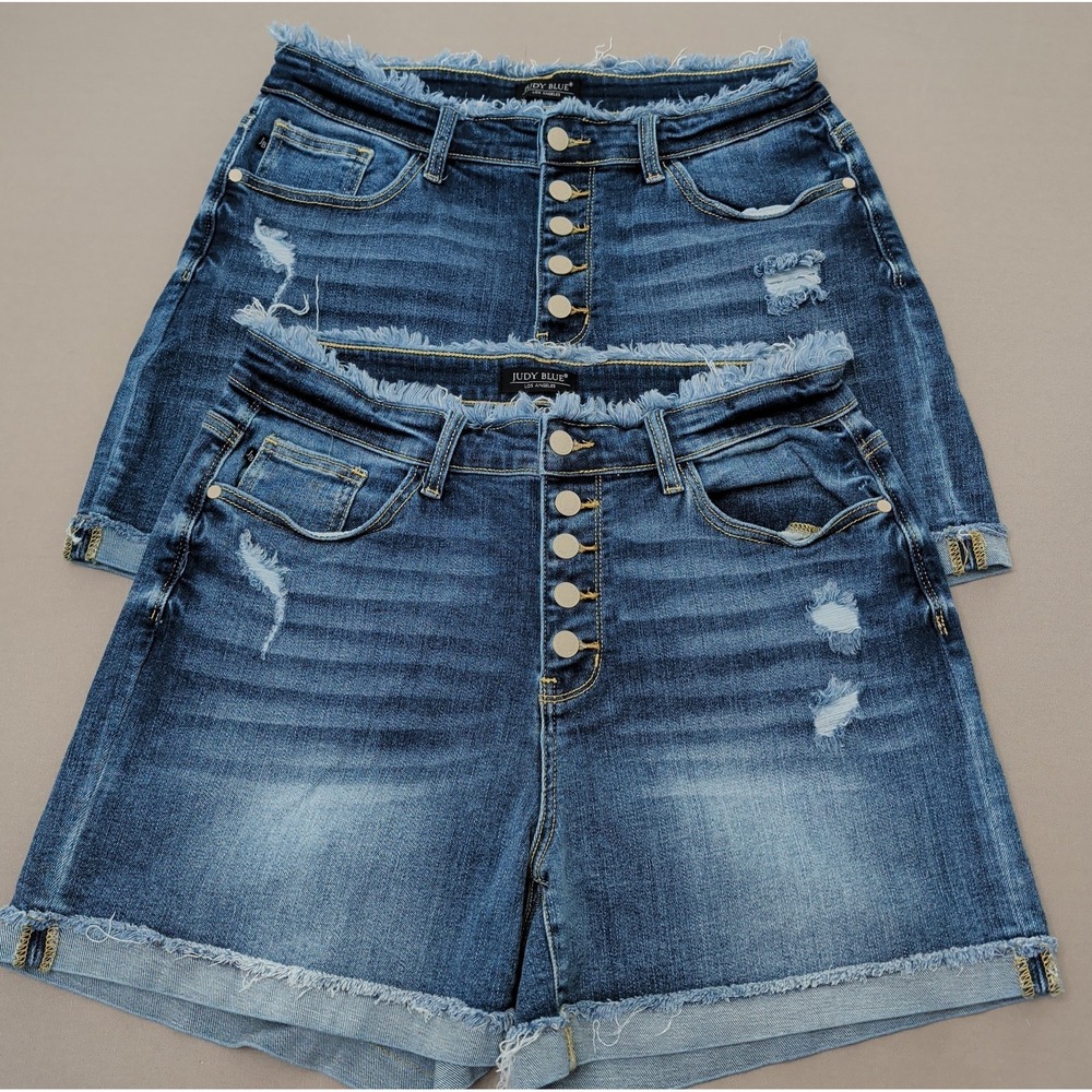Judy Blue Lot of 2 Button Fly Distressed Denim Shorts Fringe Cuffed Stretch 1XL